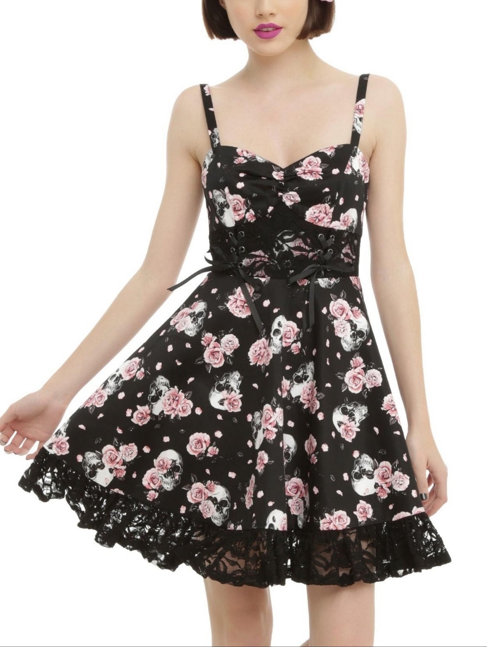 Hot Topic Punk Goth Black Pink Skull Rose Corset Lace Up Mini Skater Dress S